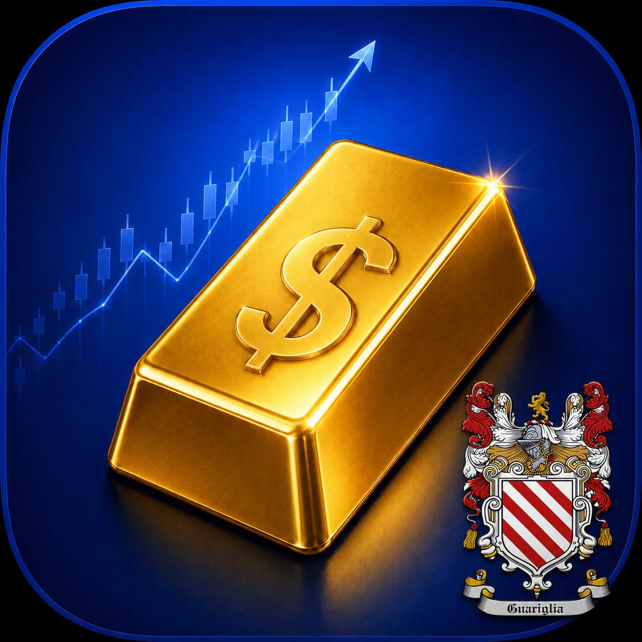 Gold Valuation Tracker icon showing a gold bar, rising value chart, and Guariglia crest